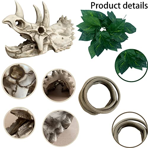 Bearded Dragon Resin Triceratops Skull Hide Decoration Reptiles Artificial Hideout Cave Landscape Tank Accessories Vines Leaves Hideaway Ornaments for Lizards Snake Gecko