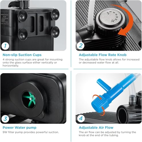 Internal Fish Tank Filter with 9W UV Light, Multi Filter Materials, Adjustable Water Flow Submersible 850L/H Aquarium Filter Pump for 40~60 Gal Freshwater or 25~40 Gal Saltwater, TU-900(225GPH) - size: TU-900