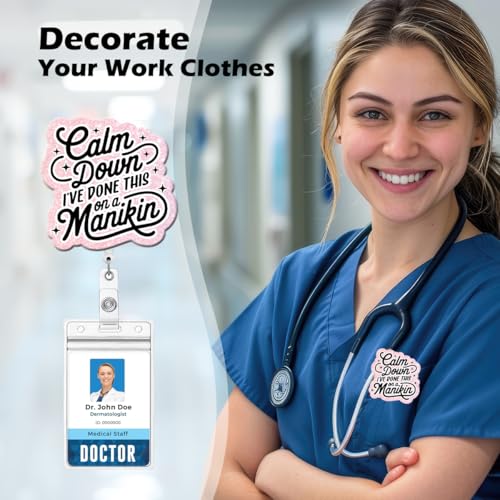 Funny Badges Reel Retractable Clip, Calm Down ID Clip Name Tag Card Badge Holder for EMS, Nursing Student, Physician, Fire Fighter, Kindergarten Assistant - color: Calm Down
