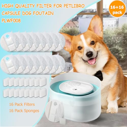 16 Pack Dog Water Fountain Replacement Filters for Petlibro Capsule Dog Fountain PLWF008,Pet libro filters with Replacement Pre-Filter Pump Sponges.