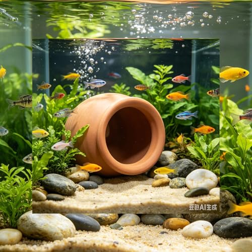 Saim Natural Clay Ceramic Cave Pot - Aquarium Fish Tank Decor Hideout for Betta Shrimp Cichlid Small Fish Breeding & Hiding Shelter Cute Ornament Aquatic Habitat- Large - size: Large