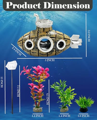 Aquarium Decor Set for Small Desktop Tanks, Includes Submarine Hide Cave, Artificial Plants, Stones & Fish Net, All-in-One Decorations Accessories for Betta, Shrimp & Cichlids