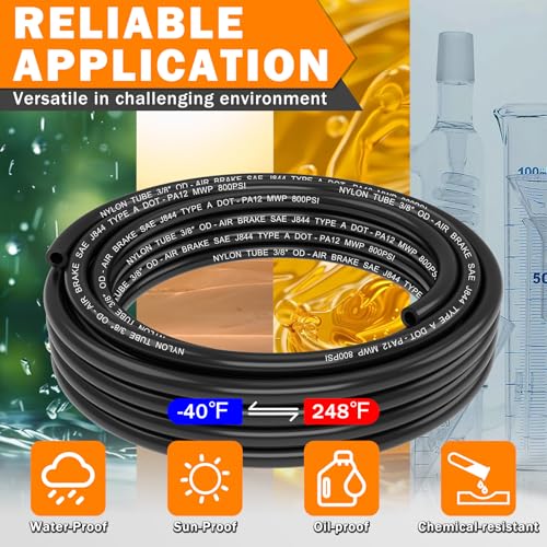 CheeMuii 3/8 Pneumatic Tubing 20 FT PA12 Nylon DOT Air Line 3/8 Inch SAE J844 DOT Air Hose 6.1 Meter Pneumatic Air Tubing Pipe Hose Line for Air Brake System Or Fluid Transfer - color: Black, size: 3/8"OD-20FT