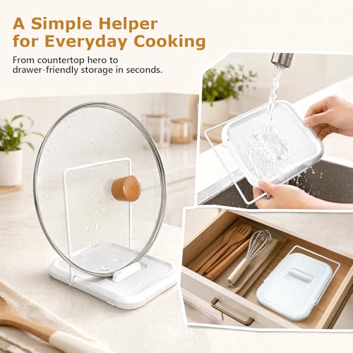 Pot Lid Holder with Spoon Rest for Stove Top, Foldable Kitchen Pot Lid Organizer for Countertop, Lid Holder While Cooking with Non-Slip Pads, White