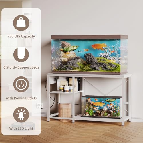 BEURUKU 55-75 Gallon Fish Tank Stand with Power Outlet & LED Light, Metal Aquarium Stand with 3 Tier Adjustable Storage Shelves, Tank Stand for Reptile Tank, Turtle Tank, 52" L*19.5" W, White - color: White, size: 55-75 Gallon