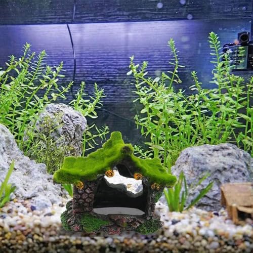 Aquarium Decoration House Resin Hollow Hideout House,Small Betta Fish Hide Accessories Cave Ornament Tank Small Fish Shrimp Hideaway with Moss