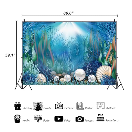 AOFOTO 7x5ft Fairytale Undersea Pearl Shell Backdrop Deep Sea Plants Coral Pearl Mussels Underwater Mermaid's Shelter Background for Photography Happy Birthday Party Banner Baby Shower Photo Booth - size: 7x5ft