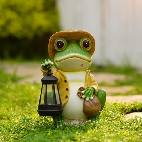 Solar Garden Outdoor Frog Statue 10 inches Tall - with Handheld Lanterns - Detachable - Patio, Balcony, Shelf, Tabletop, Lawn Decoration - Unique Housewarming, Birthday, Thanksgiving, Mom Gifts - size: Medium Frog