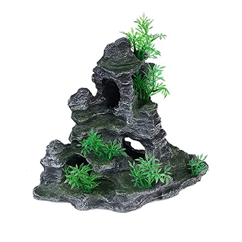 AnRui Aquarium Mountain View Rock Landscaping Decorations Fish Tank Resin Rock Hiding Cave Ornaments with Small Plant - size: 11.5"x 6"x 10.6"