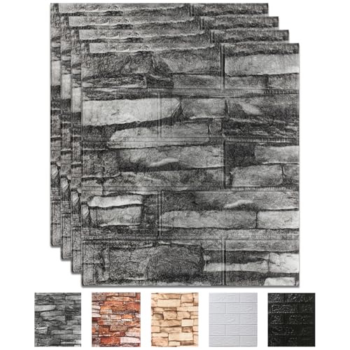 10 Pack 3D Wall Panels Peel and Stick, Waterproof Foam Stone 3D Wallpaper, Self Adhesive Foam Wallpaper for Bedroom Bathroom Kitchen (13.7 * 15.1in) - color: Black Rock, size: 10 Pack