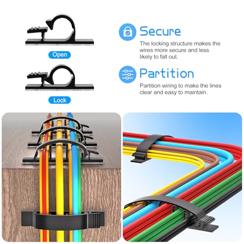 XHF 30pcs Adhesive Cable Wire Clips Kit Black, Outdoor Cable Management Wire Organizer Cord Holder for Under Desk, Car, Wall, TV PC Ethernet Cable - color: Black, size: Kit-30PCS