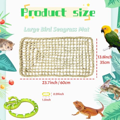 Large Bird Seagrass Mat 24 × 14 ''Natural Seagrass Woven Bird Net Hammock Climbing Rope Ladder with Hooks Chew Toy for Parrot Guinea Pig Lovebird Cockatiel Pigeon - size: 2Pcs 23.6×13.8‘’
