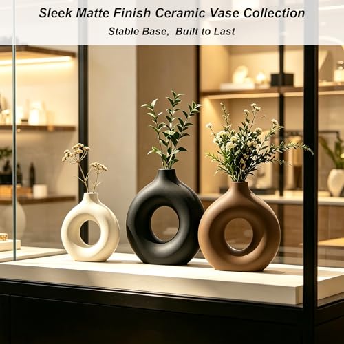 Upgraded Ceramic Vases Set for Home Decor, 3 Piece Modern Neutral Room Decor Desk Vase Bedroom Decor Flower Vase for Table Shelf Office Kitchen, Happy Birthday Gifts for Women Mom Men, Round - color: Round-3pcs