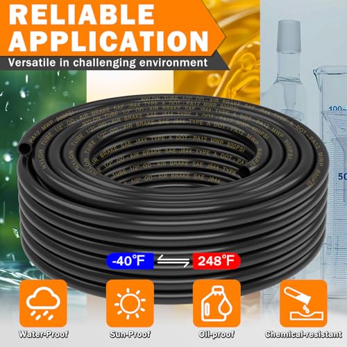 CheeMuii 100 FT 1/2 Pneumatic Tubing 1/2" PA12 Nylon DOT Air Line SAE J844 DOT Air Hose 30.5 Meter 1/2 Inch OD Pneumatic Air Tubing Pipe Hose Line - size: 1/2"OD-100FT-Single Layer