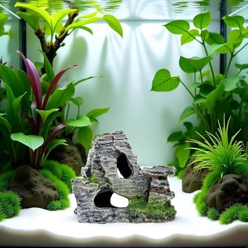 Resin Aquarium Mountain Decor with Moss Rock Cave - Multi-Level Terrain for Fish Tank Landscaping, Natural-Looking Rockery Design with Hidden Cave and Crevices for Shrimp