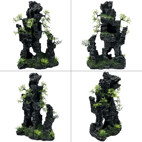 Large and Tall Fish Tank Decorations Aquarium Mountain View Stone Decorations Resin Rock Aquascaping with Hiding Cave, Fish Tank Accessories Aquarium Ornaments with Small Plants (C) - color: C
