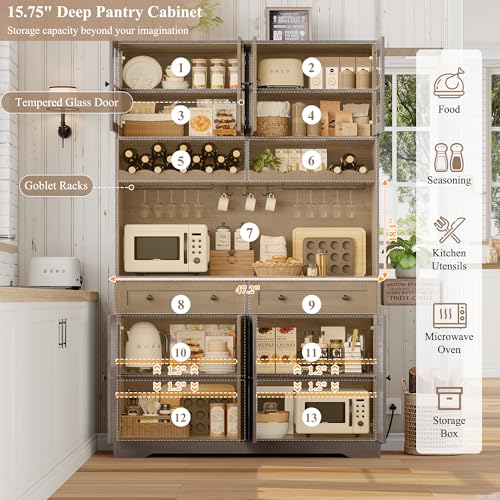 HOSTACK 75.4" Tall Kitchen Pantry Cabinet with Charging Station, Modern White Kitchen Hutch with Microwave Stand and Wine Rack, Large Food Pantry Storage Cabinet with Glass Doors and Drawers, Ash Gray - color: Ash Gray
