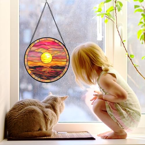 DASTOLL Stained Glass Window Hanging, Sunrise Sea Surface Sun Catchers Diamond Glass Panel Hangings Abstract Suncatcher Decor for Birthday for Women, Men, Wife, Aunt, and Mom 7.8 in - color: Gold, size: 7.8x7.8 IN