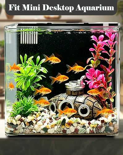 Aquarium Decor Set for Small Desktop Tanks, Includes Submarine Hide Cave, Artificial Plants, Stones & Fish Net, All-in-One Decorations Accessories for Betta, Shrimp & Cichlids