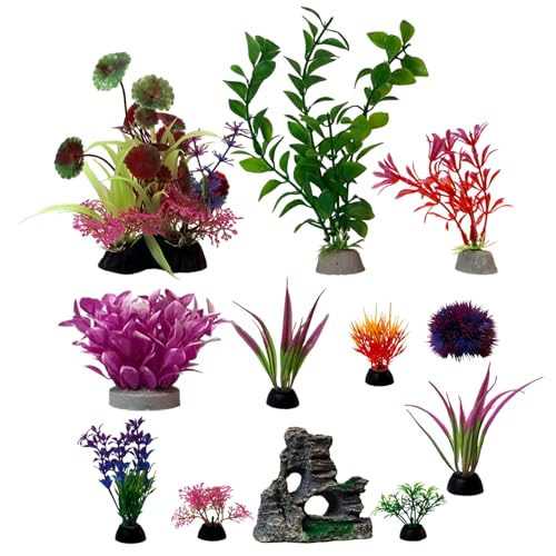 Aquarium Artificial Plastic Plants Decorations Goldfish Betta Cave Rock Hideout Fish Bowl Ornaments Plants Colorful Vivid Fish Tank Small Large Artificial Plants Seaweed Sets Aquarium Decor - color: Green_pink
