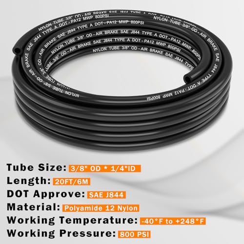 CheeMuii 3/8 Pneumatic Tubing 20 FT PA12 Nylon DOT Air Line 3/8 Inch SAE J844 DOT Air Hose 6.1 Meter Pneumatic Air Tubing Pipe Hose Line for Air Brake System Or Fluid Transfer - color: Black, size: 3/8"OD-20FT
