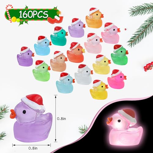 ROMROC 160Pcs Luminous Mini Christmas Resin Duck Miniature Glow in The Dark Ducks Christmas Decor Aquarium Ornament Dollhouse Decoration DIY Slime Kit Birthday Party Hide and Seek Prank(16 Colors)