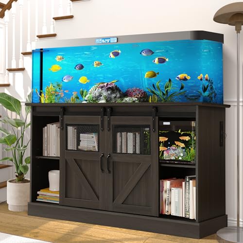 55-75 Gallon Fish Tank Stand with Sliding Barn Doors & Power Outlet, Heavy Duty Aquarium Stand with Cabinet Storage for 2 Fish Tank/Turtle Tank/Reptile Terrarium Accessories, 1260LBS (Grey) - color: Grey
