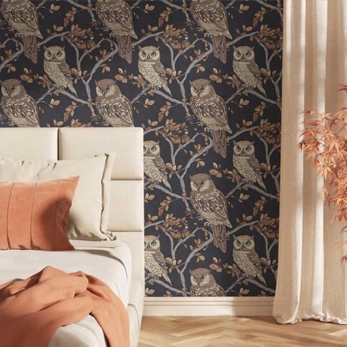 Vintage Leaf Owl Animal Bird Brown/Navy Peel and Stick Wallpaper Wall Decor Self Adhesive Wall Paper Stick on Easy Peel Off Contact for Renter Apartment - color: Brown/Navy, size: 17.7" x 118"