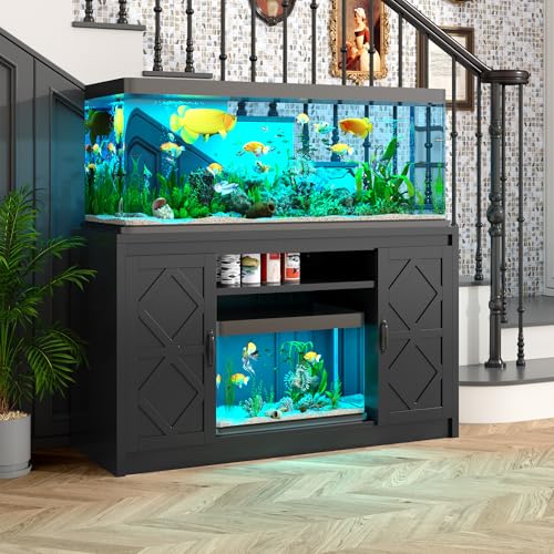 kepptory 55-90 Gallon Fish Tank Stand with Diamond Doors & Power Outlet, Heavy Duty Aquarium Stand with Cabinet Storage for Fish Tank, Turtle Tank Reptile Terrarium, 900LBS Capacity(Black) - color: Black, size: 53.5"L x 19.7"W x 31.6"H