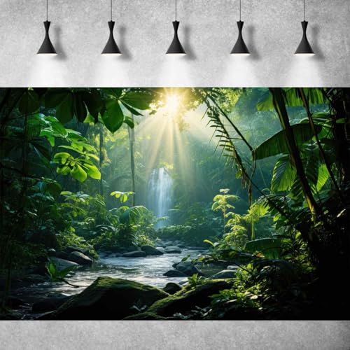 Jungle Aquarium Background Waterfall Lush Green Jungle Plants Terrarium Background Stream Big Rocks with Moss Fish Tank Background Natural Jungle Forest Landscape Aquarium Backdrop Vinyl 24x16in - color: Leaf Green, size: 24(W)x16(H)in
