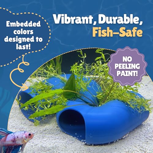 Betta Fish Tunnel Hideout Blue | Aquarium Cave & Tunnel Decor for Betta Fish, Shrimp & Small Fish | Fish Tank Decoration, Betta Tank Accessory & Enrichment Toy - color: Blue