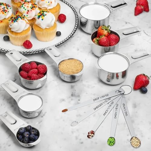 12PCS Measuring Cups and Spoons Set, 7 Stainless Steel Nesting Measuring Cups & 5 Mini Measuring Spoons for Cooking Baking, Dry and Liquid Ingredients Measurement - size: 12PCS Set