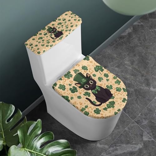 St Patricks Day Toilet Seat Lid Cover Pack of 2, for Home Indoor Decor, Toilet Tank Lid Cover Replacement with Elastic Bottom Fits for Most Toilet Tanks & Lids, Black Cat Four Leaf Clover - color: Black Cat Four Leaf Clover