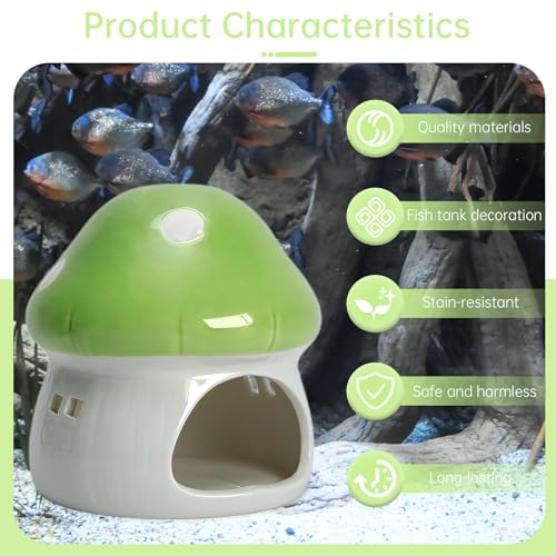 AnRui Ceramic Mushroom Aquarium Decor Cute Mini House Betta Fish Tank Accessories Decoration Hideaway Hideout Cave Ornament for Small Fish, Shrimp, Goldfish and Reptiles (Green, Large) - color: Green, size: Large