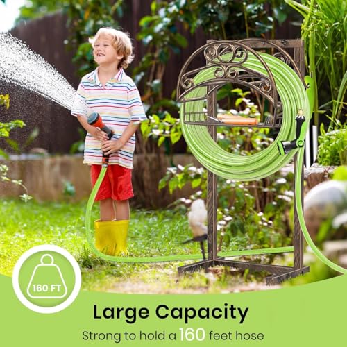 TomCare Garden Hose Holder Upgraded Water Hose Holder Heavy Duty 4 Spikes Hose Hanger Holds 160 Feet Hoses Stable Freestanding Hose Storage Organizer for Outside Yard - color: Bronze