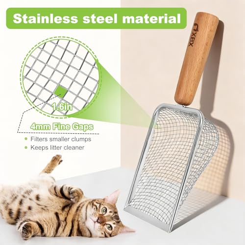 XBX Cat Litter Scoop with Holder, Metal Mesh Litter Scoop with Beech Wood Grip,Stainless Steel Litter Scooper with Fine Holes, Easy Sifting Litter Box Cleaning Tool