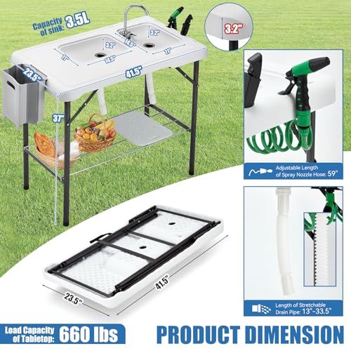 Folding Fish Cleaning Table Portable Camping Double Sinks Table w/2 Dual Water Basins, Faucet Drainage Hose & Sprayer Outdoor Fish Fillet Cleaning Station w/Knife, Storage Box,Black | Portable - style: Dual sink table