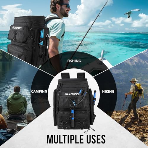 PLUSINNO Fishing Tackle Backpack with Rod Holders，42L Water-resistant Fishing Bag Store Fishing Gear,Fishing Gifts For Men. - color: Black With Box