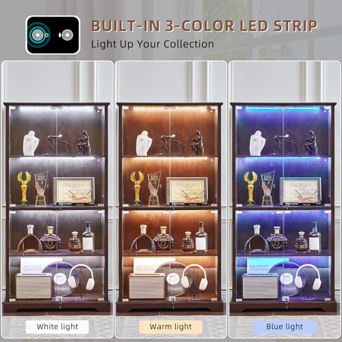 LELELINKY Farmhouse Glass Display Cabinet with Doors, Wooden Curio Cabinet for Collectibles with 3-Color LED Motion-Sensor Light & Reinforced Base, Walnut - color: Walnut, size: Single