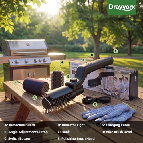 Electric Grill Brush, High Torque Grill Brush with 3-Speed Modes, 20kg Max Torque BBQ Cleaner Safe for Porcelain Cast Iron Stainless Steel, Reinforced Steel Bristles, for Fathers Day