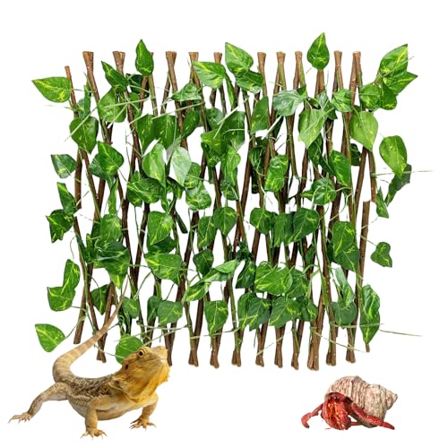 Reptile Hermit Crab Climbing Wall Toys, Bearded Dragon Climb Accessories, 15.75 in Evergreen Leaves Retractable Hedge Fence Background,Gecko Spider Aquarium Tank Decoration with Suction Cups - color: Evergreen Leaves Reptile Climbing Wall