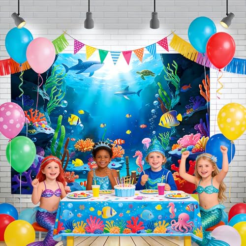 7x5Ft Under The Sea Backdrop Polyester Ocean Backdrop Under The Sea Themed Party Decorations Tropical Fish Dolphin Turtle Coral Deep Sea Sunlight Photo Booth Banner with Ribbon - color: Under The Sea, size: 7×5 ft