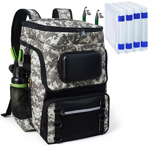 Fishing Backpack with Rod Holder, Large 50L Tackle Bag Water Resistant Tackle Backpack Heavy Duty Fishing Bag Gift for Men Woman - color: H: Camo Yellow