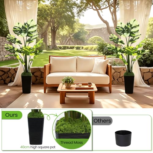 UPBUD Artificial Monstera Deliciosa Plant, 5FT Fake Monstera Tree with 12 Lifelike Leaves & Black Planter, 60in Tall Faux Floor Plants Fake Trees for Indoor Outdoor Home Living Room Office Decor - color: White Leaves Black Planter