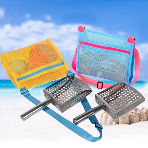 MUYIZI Sand Sifter Shovel with Mesh Beach Bag, Detachable Shell Scooper for Beach,Sand Scoop for Shell Collecting, Shark Teeth Sifter Dipper, Multi-Use Sifting Tool,Beach Toys for Kids (Blue+Yellow) - color: Blue+yellow