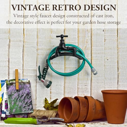 MyGift Brown Heavy Duty Cast Iron Outdoor Garden Hose Hanger Wall Mounted Water Hose Holder Reel with Vintage Scrollwork Design (Spigot Design) - style: Spigot Design