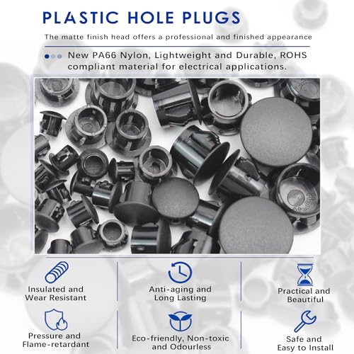 300 PCS 5 Sizes Plastic Hole Plugs Black 3/16, 1/4, 5/16, 3/8, 1/2 Inch Round Hole, Snap in Knockout Locking Flush Type Furniture Hardware Kitchen Cabinet Cupboard Shelves Screw Covers Caps - size: 5 Sizes, Black((3/16“-1/2”, 300 PCS)