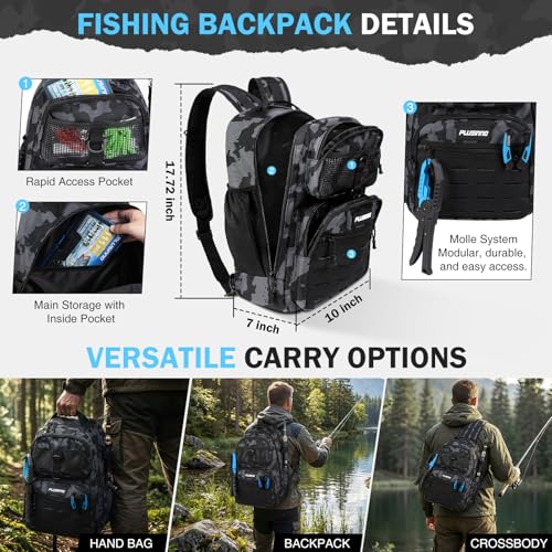 PLUSINNO Fishing Gear, Fishing Backpack with Tackle Box, Waterproof tackle Backpack with Rod Holders, Lures, Tools, Pliers & Accessories, Fish Gifts for Men - color: Camo Fishing Backpack With Fishing Kit