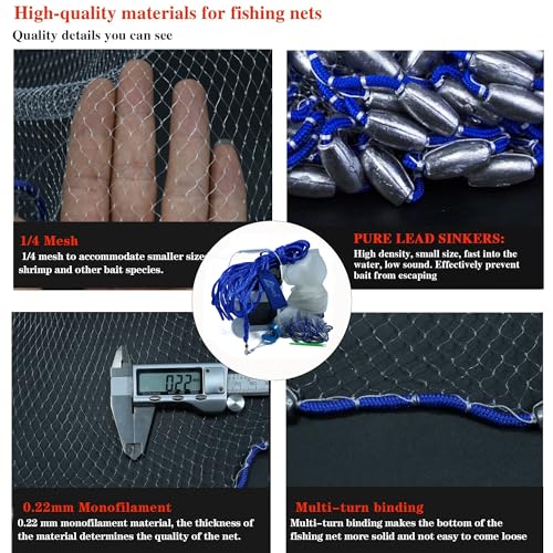 Drasry Saltwater Fishing Cast Net for Bait 3/8 1/4 or 1/2 with Heavy Sinkers Fish Trap Throw Net. Size 3ft/4ft/5ft/6ft/7ft/8ft/9ft/10ft Radius Freshwater Nets - size: 5FT (150cm) Radius, style: 1/4 Mesh Lead Sinkers-mono