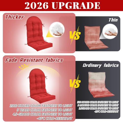 Geelin 2 Pcs Outdoor Patio Chair Cushion Thick High Back Adirondack Chair Cushion Tufted Weather & Fade Resistant Anti-Slip Outside Rocking Chairs Pads with Ties, 44 x 19 x 4 Inch (Red) - color: Red